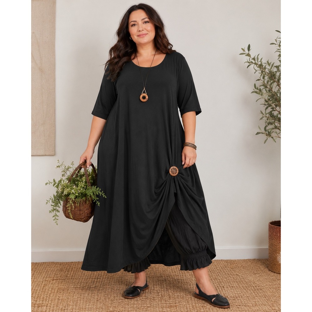Womens Lagenlook Maxi Dress LP Black Short Sleeve V-Neck A-Line Goth Witchy Chic